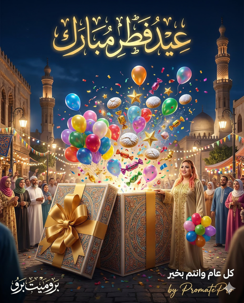 برومبت تصميم صورة عيد فطر مبارك مع صندوق هدايا